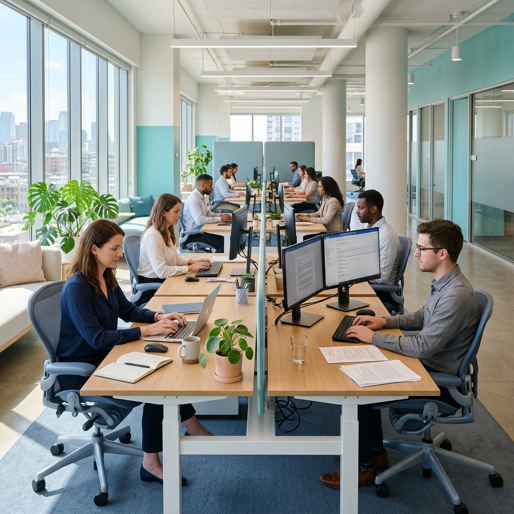 Colaboradores trabajando de forma productiva en una oficina limpia y organizada