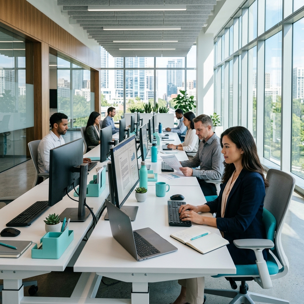 Colaboradores trabajando productivamente en una oficina moderna y limpia